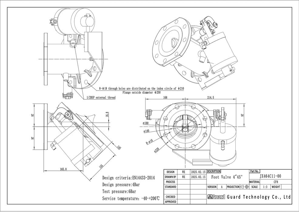 4" 45° Dampfbeheiztes pneumatisches Fußventil, spitzer Ventilkegel