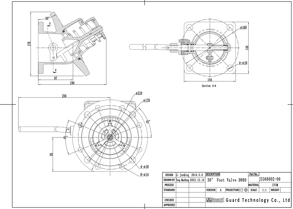 Válvula de fondo de 3" 30°, entrada 8 × φ14 × PCD178, 4 × φ 18 × PCD178