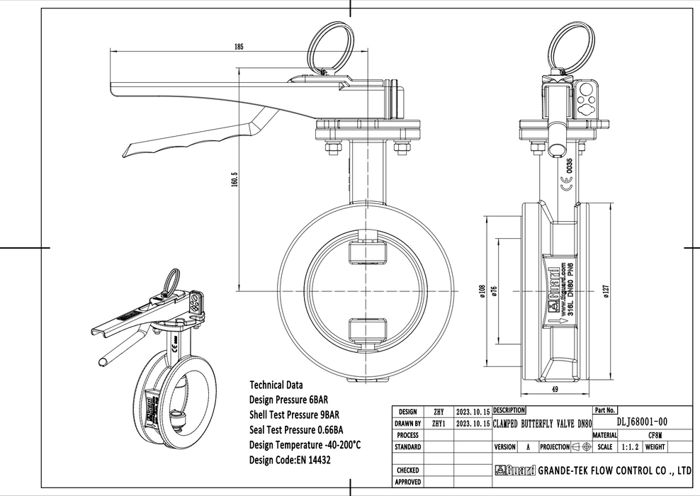 3" Klemm-Absperrklappe Typ I, links offen